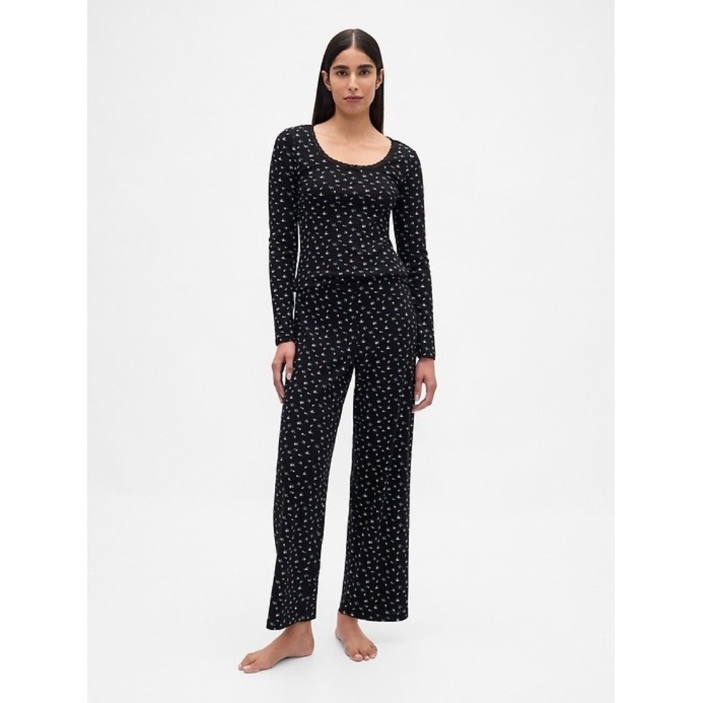 NWOT Gap Women PJ Set XL Tall Black Floral Pointelle Top Pants Cozy Lounge